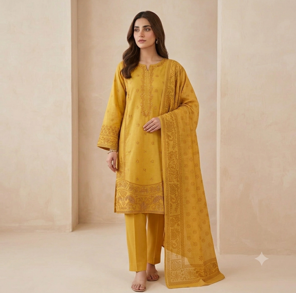 PC - 024 Stitched Cotton Suit with Nelo Kara Dupatta 3PC