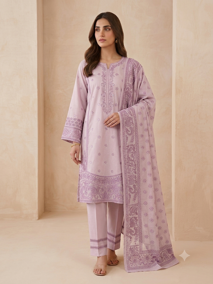 PC - 025 Stitched Cotton Suit with Nelo Kara Dupatta 3PC