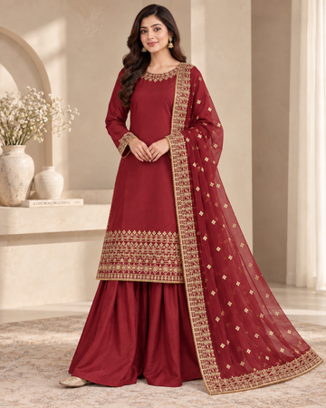 PC-911 Embroidered Silk Kameez with Sharara & Net Dupatta 3 Pcs