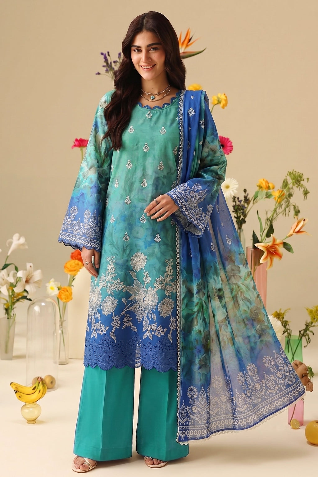 PC - 074 Luxury Printed Doria Lawn with Embroidery