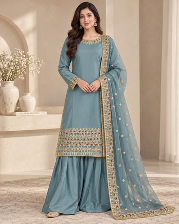 PC-91 Embroidered Silk Kameez with Sharara & Net Dupatta 3 Pcs