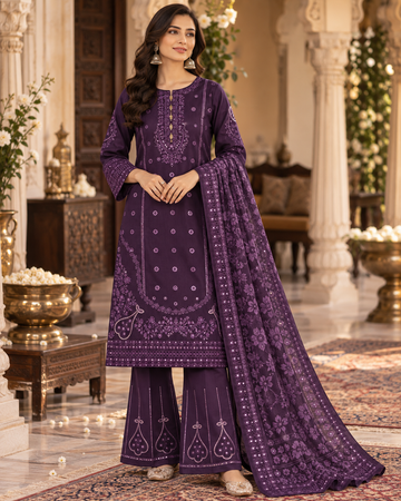 PC-97 Embroidered Cotton Shirt with Flared Trouser & Diamond Dupatta 3 Pcs