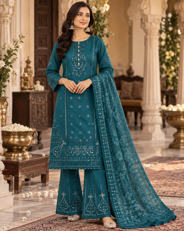 PC-971 Embroidered Cotton Shirt with Flared Trouser & Diamond Dupatta 3 Pcs