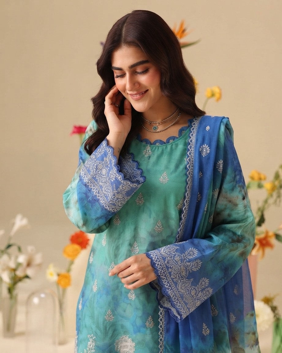 PC - 074 Luxury Printed Doria Lawn with Embroidery