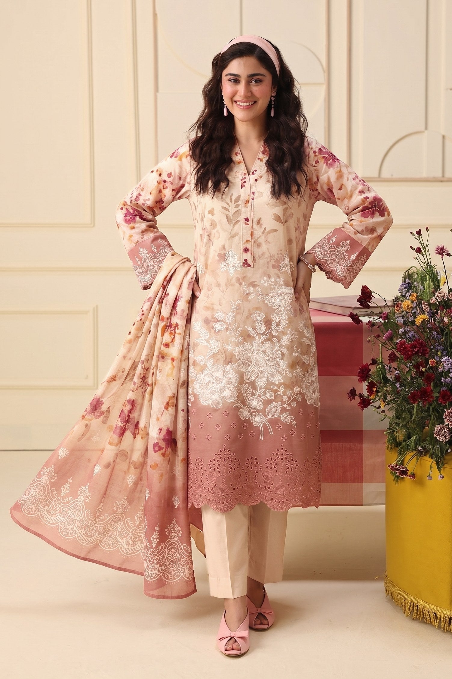 PC - 077 Luxury Printed Doria Lawn with Embroidery