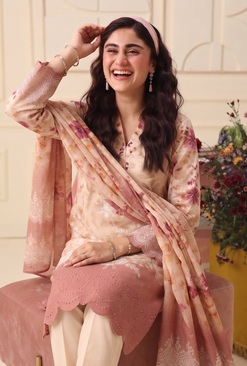 PC - 077 Luxury Printed Doria Lawn with Embroidery