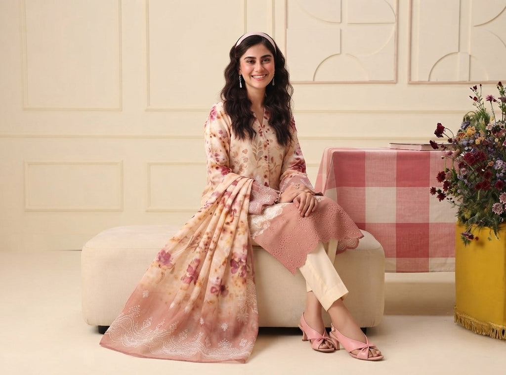 PC - 077 Luxury Printed Doria Lawn with Embroidery