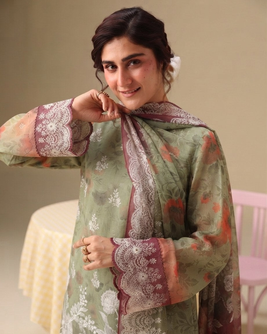 PC - 078 Luxury Printed Doria Lawn with Embroidery