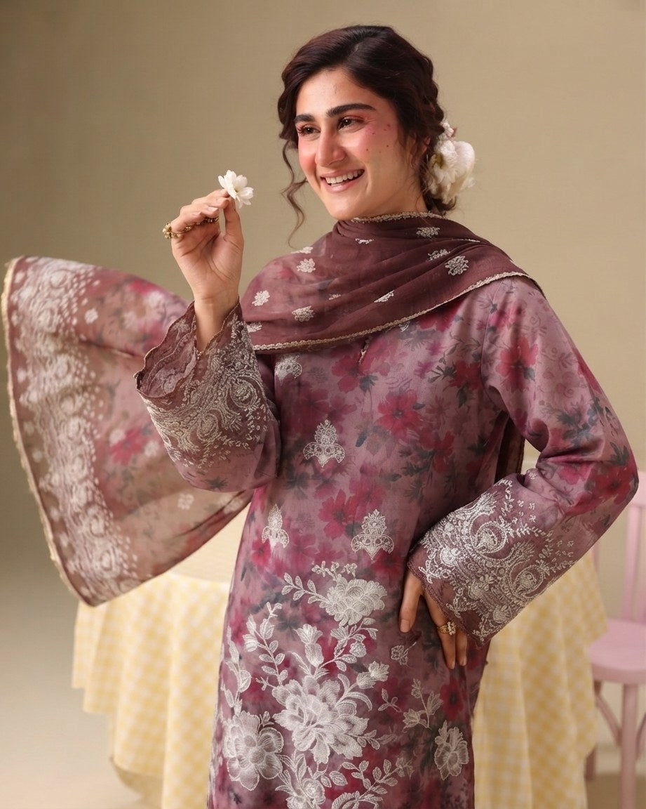 PC - 071 Luxury Printed Doria Lawn with Embroidery