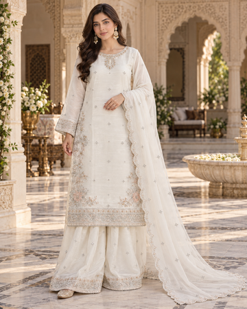 PC-93 Embroidered Silk Shirt with Flared Sharara & Cutwork Organza Dupatta 3 Pcs