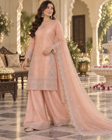PC-931 Embroidered Silk Shirt with Flared Sharara & Cutwork Organza Dupatta 3 Pcs