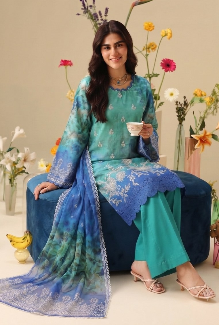 PC - 074 Luxury Printed Doria Lawn with Embroidery