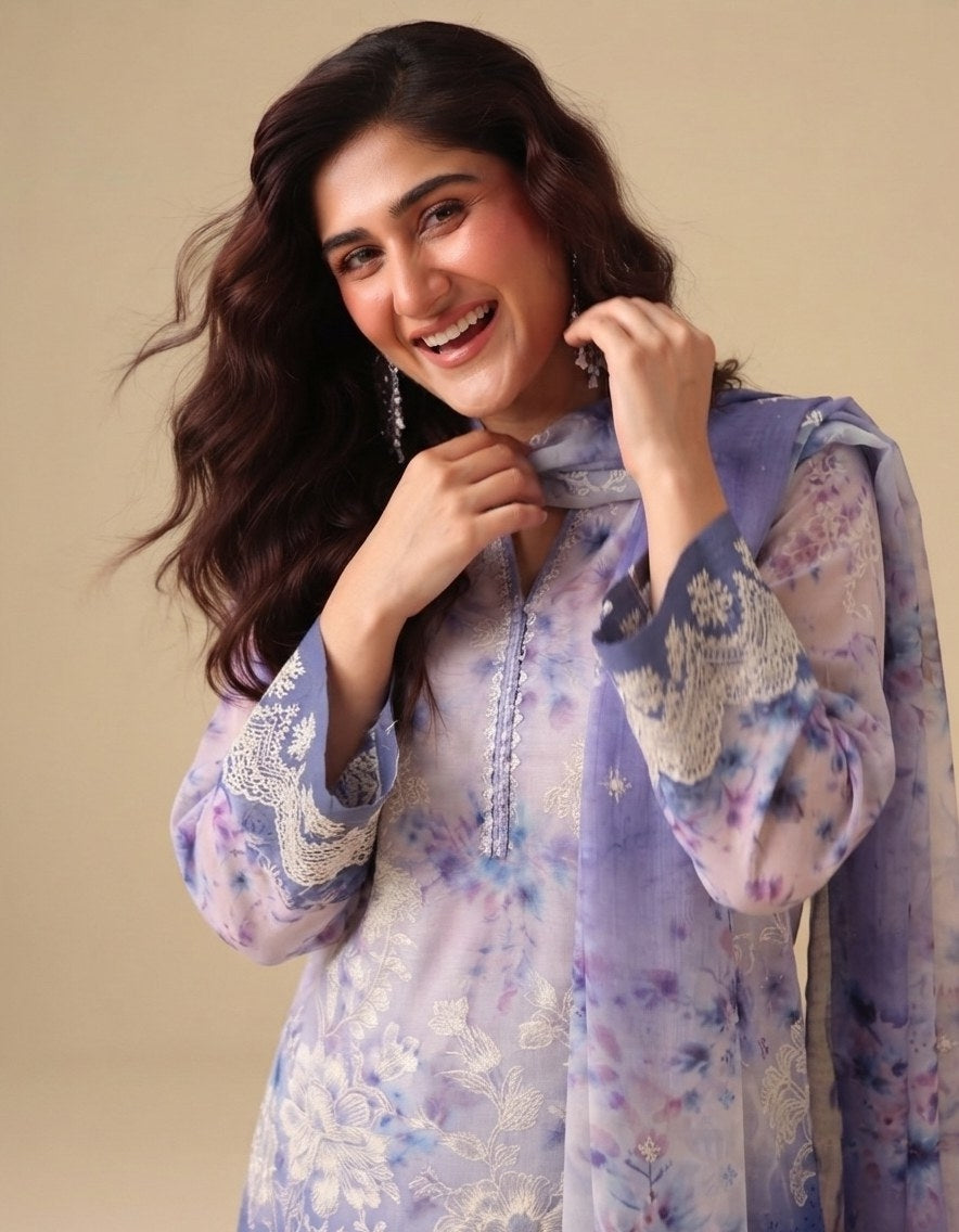 PC - 073 Luxury Printed Doria Lawn with Embroidery
