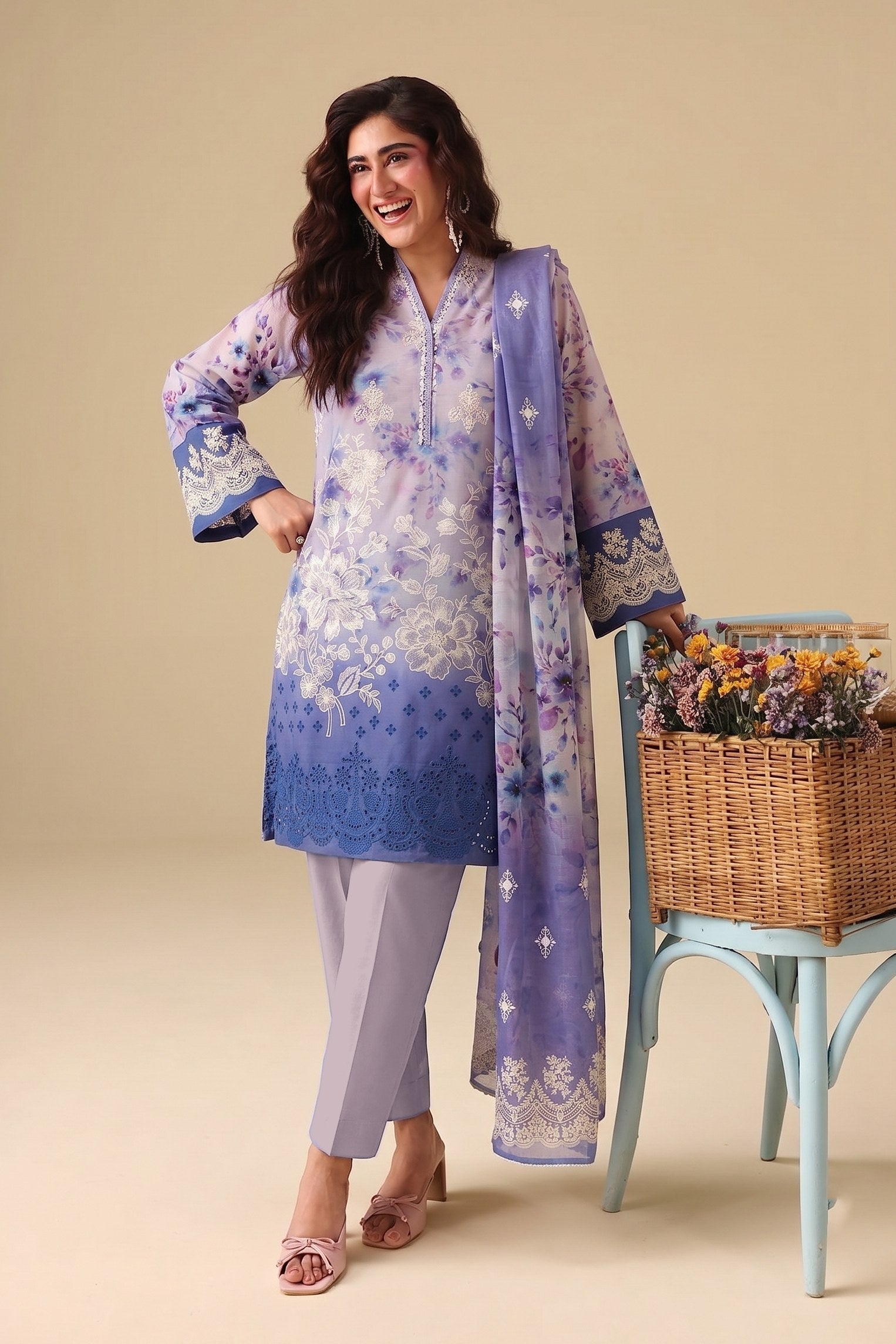 PC - 073 Luxury Printed Doria Lawn with Embroidery