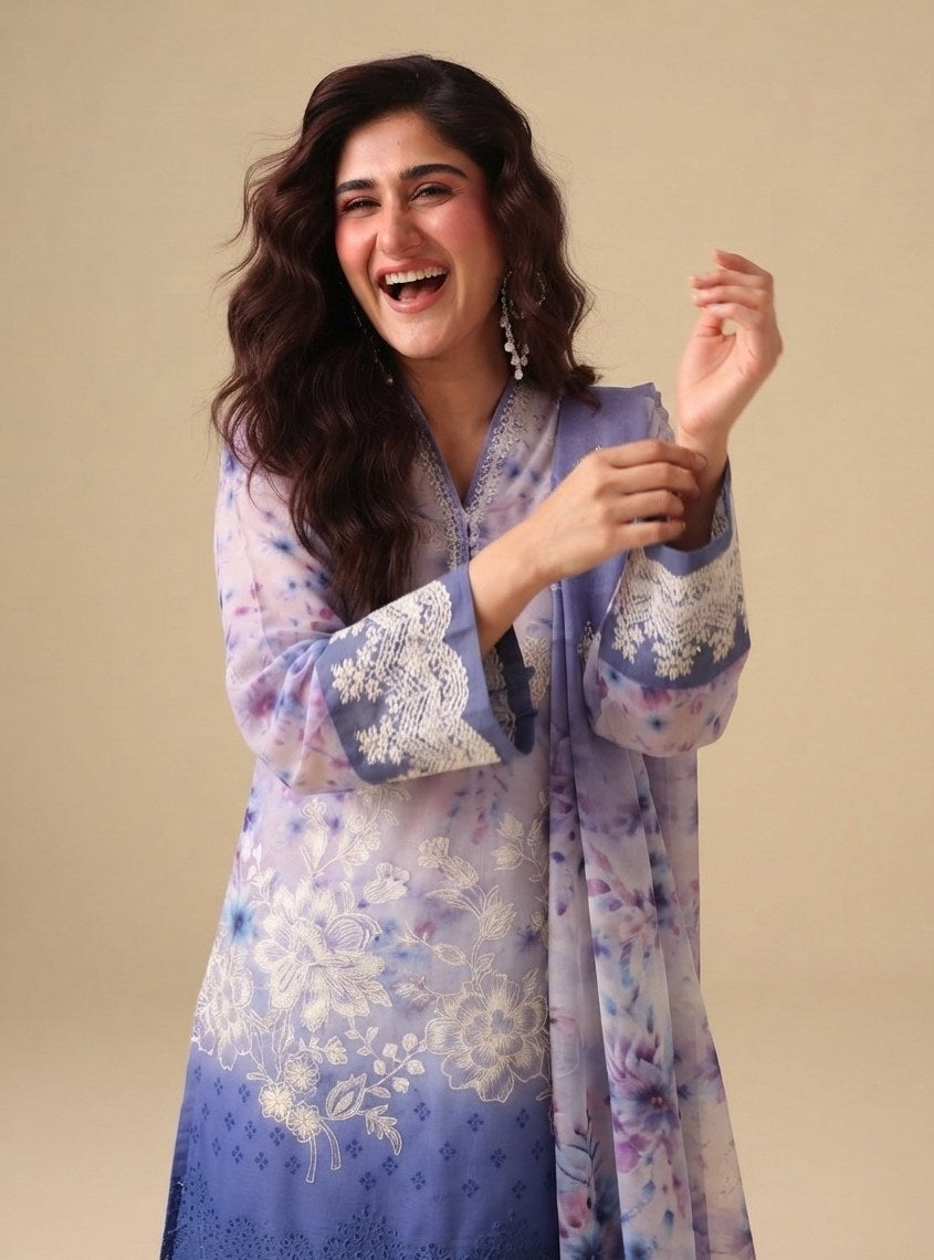 PC - 073 Luxury Printed Doria Lawn with Embroidery