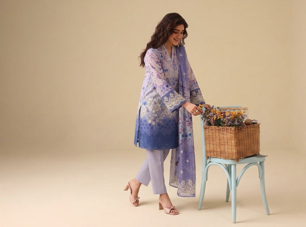 PC - 073 Luxury Printed Doria Lawn with Embroidery