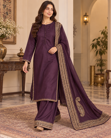 PC-94 Embroidered Silk Kameez with Flared Trouser 3 Pcs