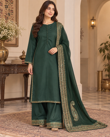 PC-941 Embroidered Silk Kameez with Flared Trouser3 Pcs
