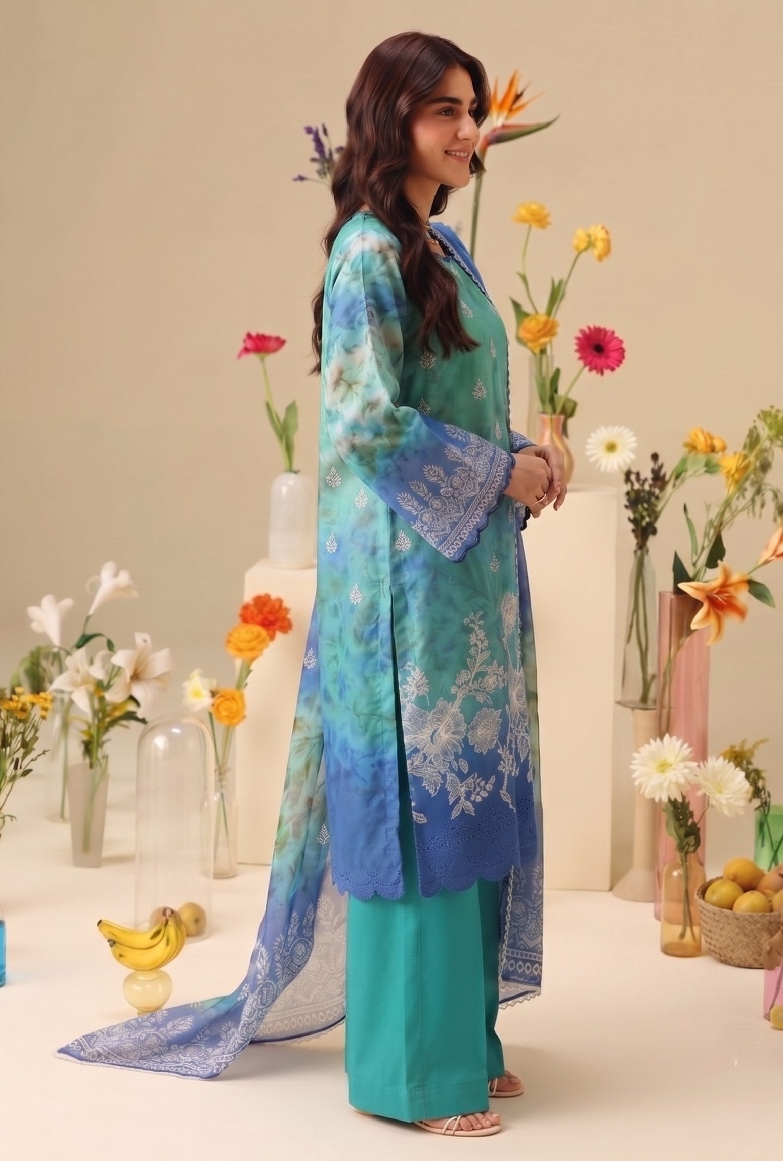 PC - 074 Luxury Printed Doria Lawn with Embroidery