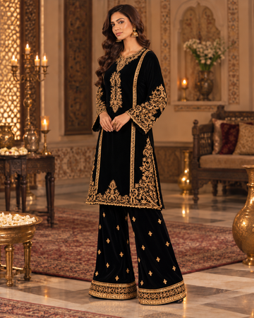 PC-951 Embroidered Micro Velvet Kurti with Plain Straight Trouser 2 Pcs