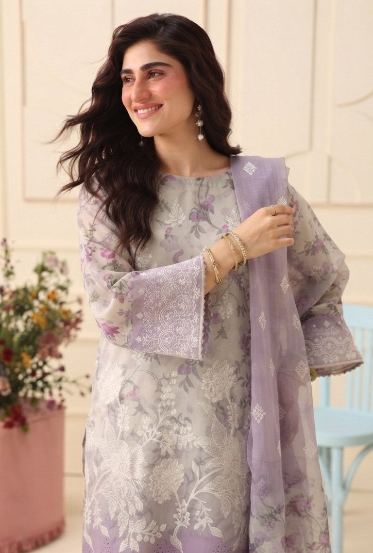 PC - 075 Luxury Printed Doria Lawn with Embroidery