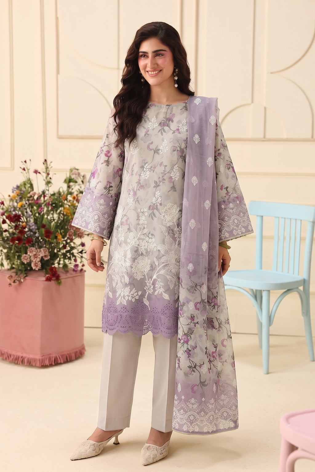 PC - 075 Luxury Printed Doria Lawn with Embroidery
