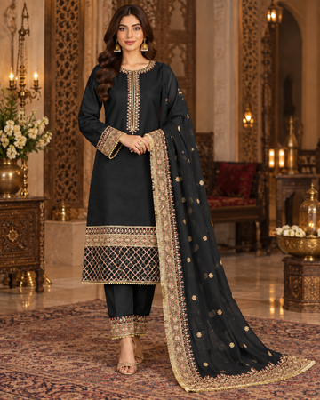 PC-96 Embroidered Premium Silk Shirt with Straight Trouser & Dupatta 3 Pcs