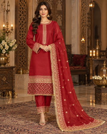 PC-961 Embroidered Premium Silk Shirt with Straight Trouser & Dupatta 3 Pcs