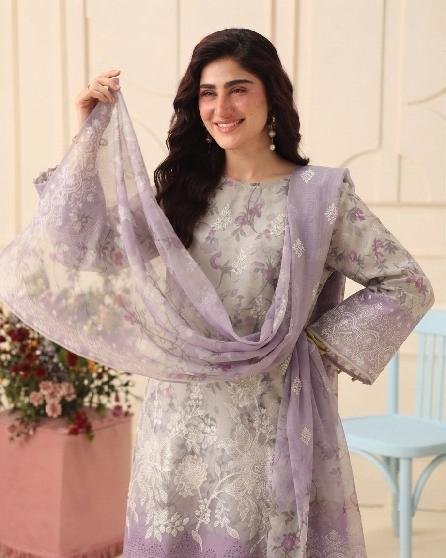 PC - 075 Luxury Printed Doria Lawn with Embroidery