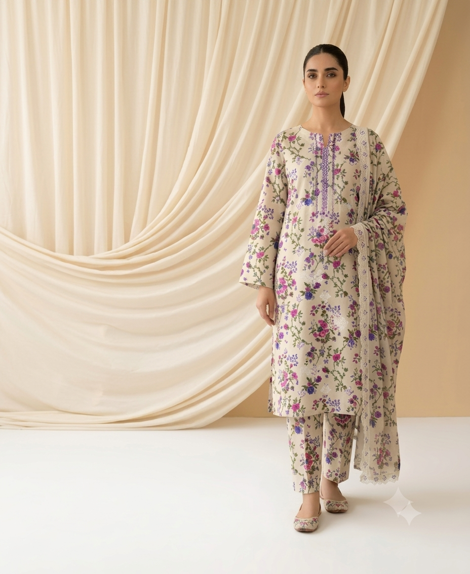 PC - 161 3PC Lawn Embroidered Suit with Chiffon Dupatta