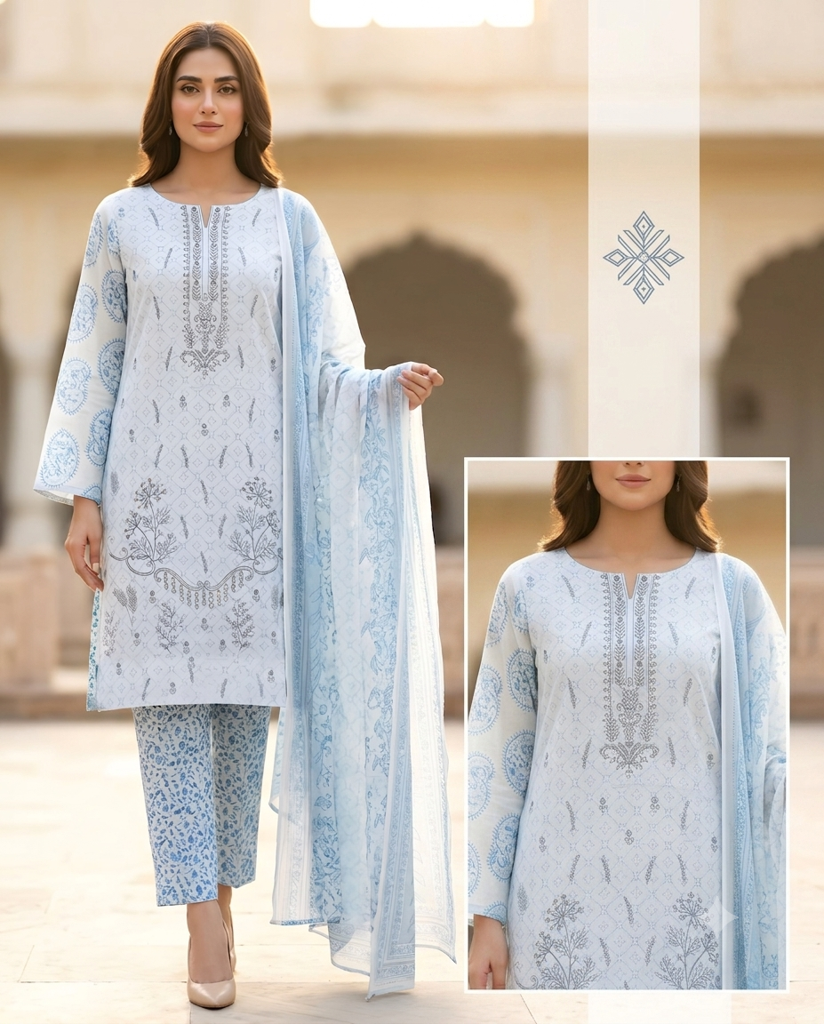 PC - A064 3PC Embroidered Lawn Suit with Chiffon Dupatta