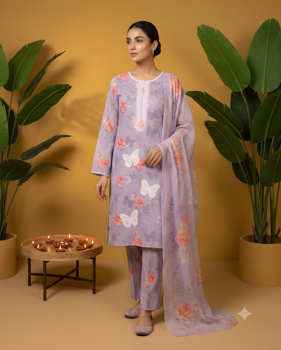 PC - A065 3PC Embroidered Lawn Suit with Chiffon Dupatta