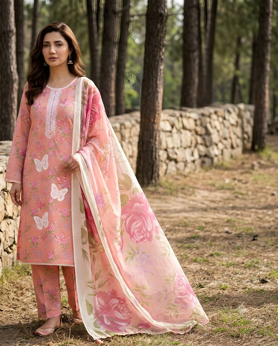 PC - A066 3PC Embroidered Lawn Suit with Chiffon Dupatta