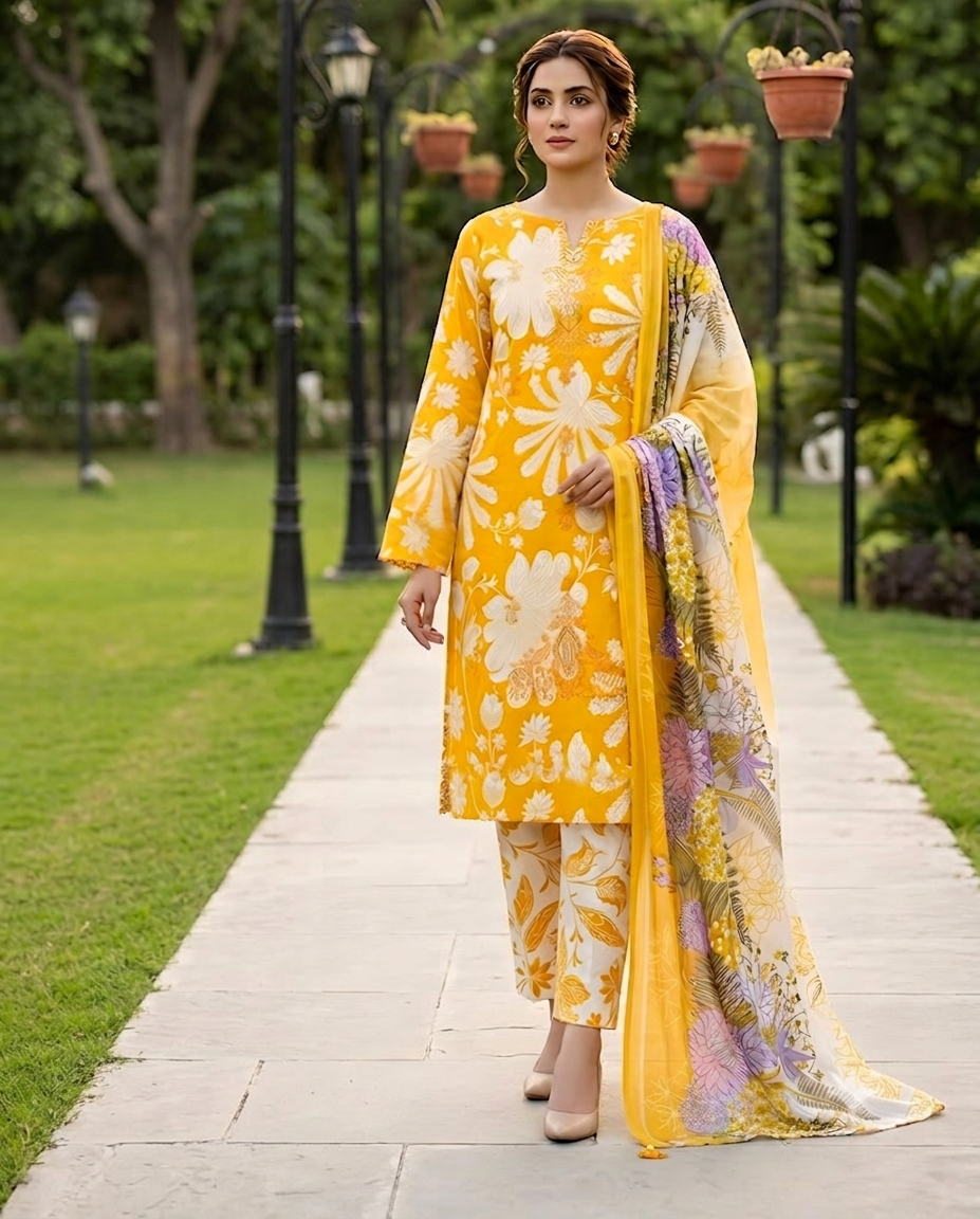 PC - A067 3PC Embroidered Lawn Suit with Chiffon Dupatta