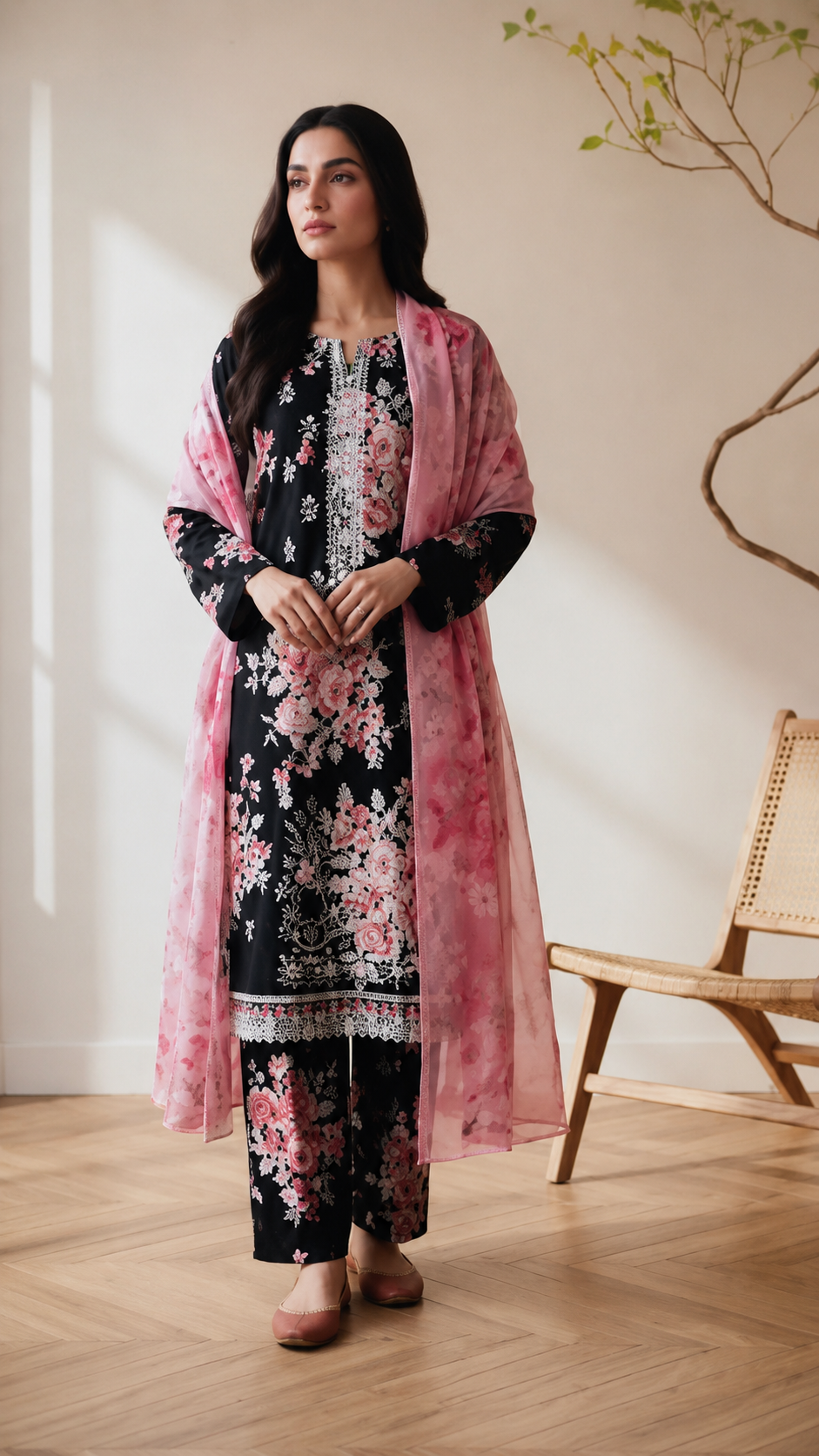 PC - A069 3PC Embroidered Lawn Suit with Chiffon Dupatta