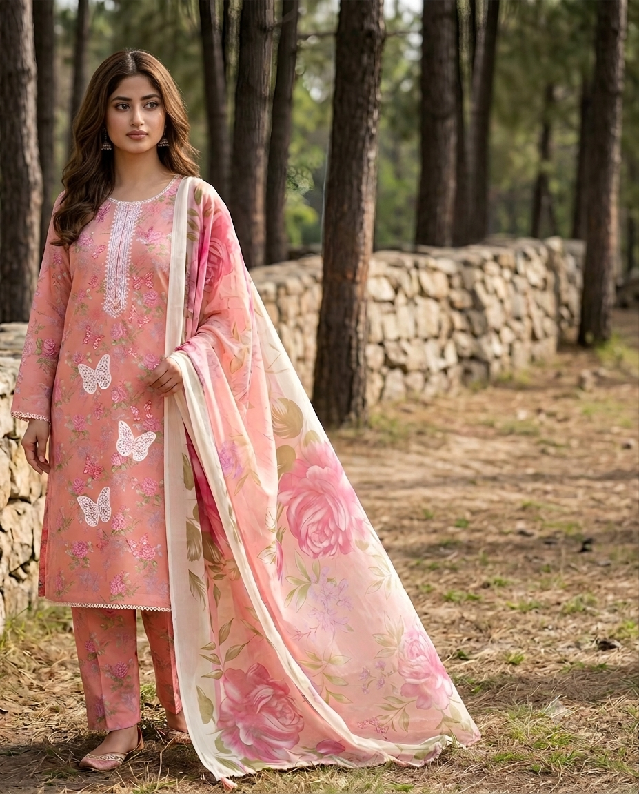 PC - A066 3PC Embroidered Lawn Suit with Chiffon Dupatta