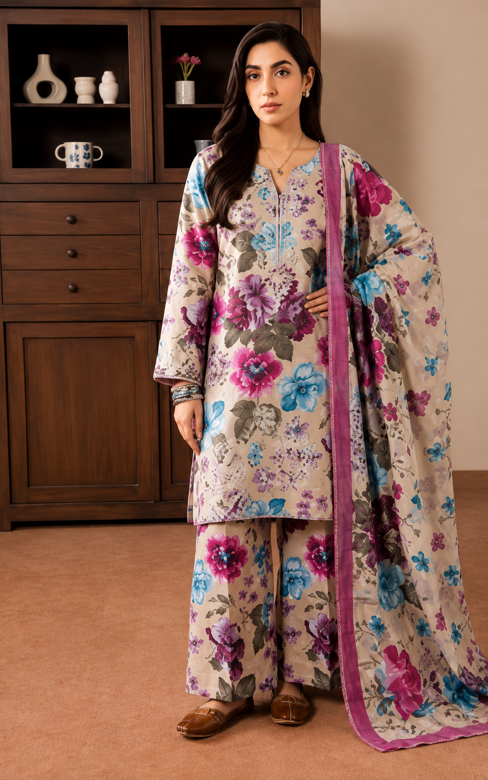 PC - A068 3PC Embroidered Lawn Suit with Chiffon Dupatta