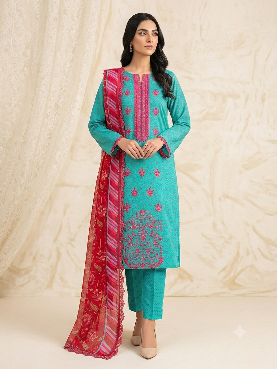 PC - 166 3PC Lawn Embroidered Suit with Chiffon Dupatta