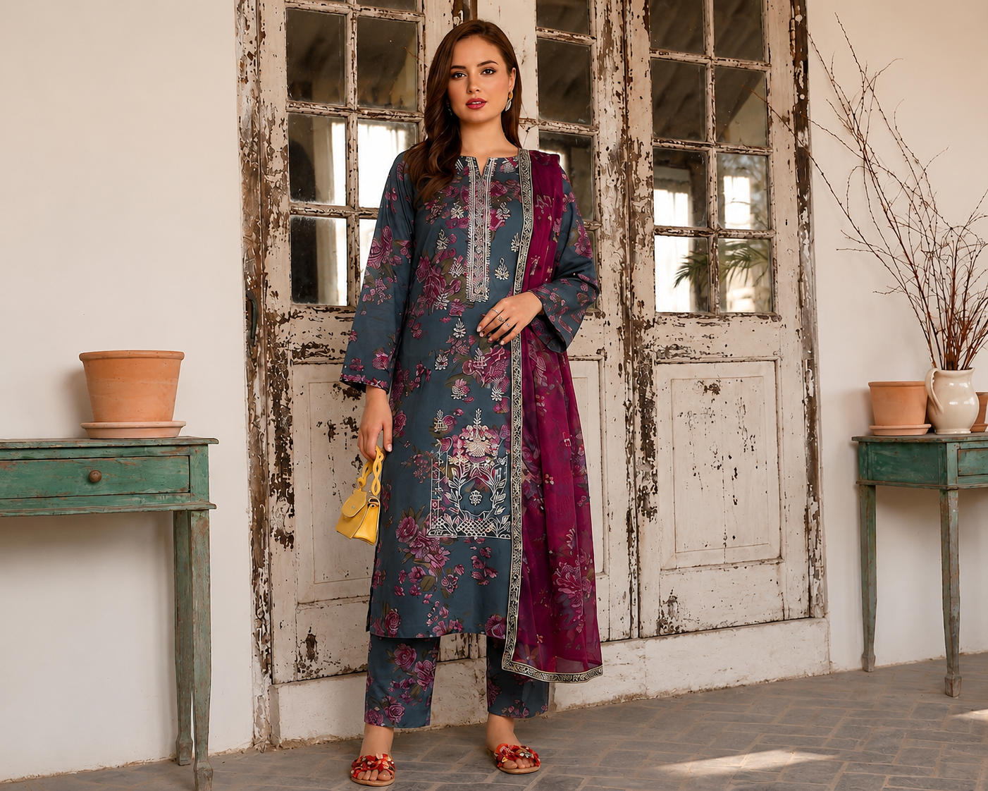 PC - 162 3PC Lawn Embroidered Suit with Chiffon Dupatta