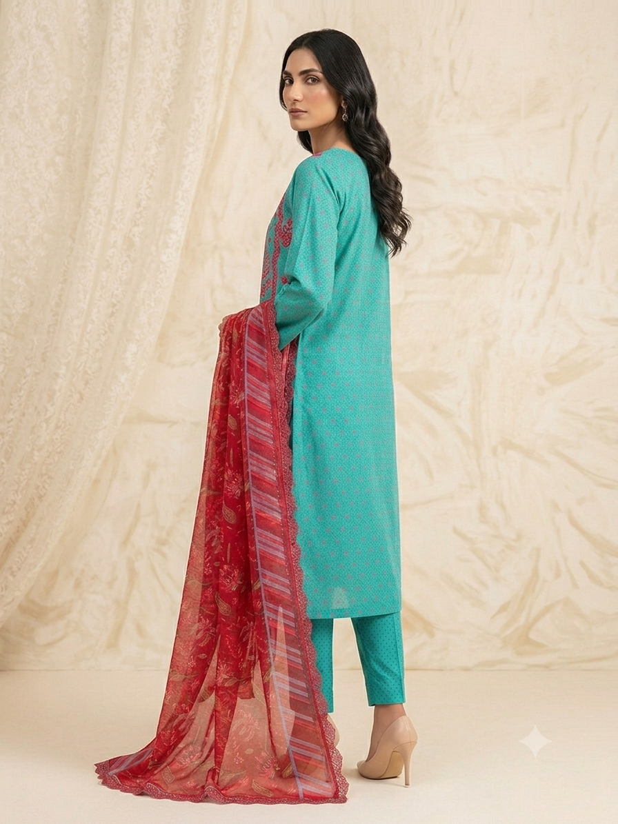 PC - 166 3PC Lawn Embroidered Suit with Chiffon Dupatta