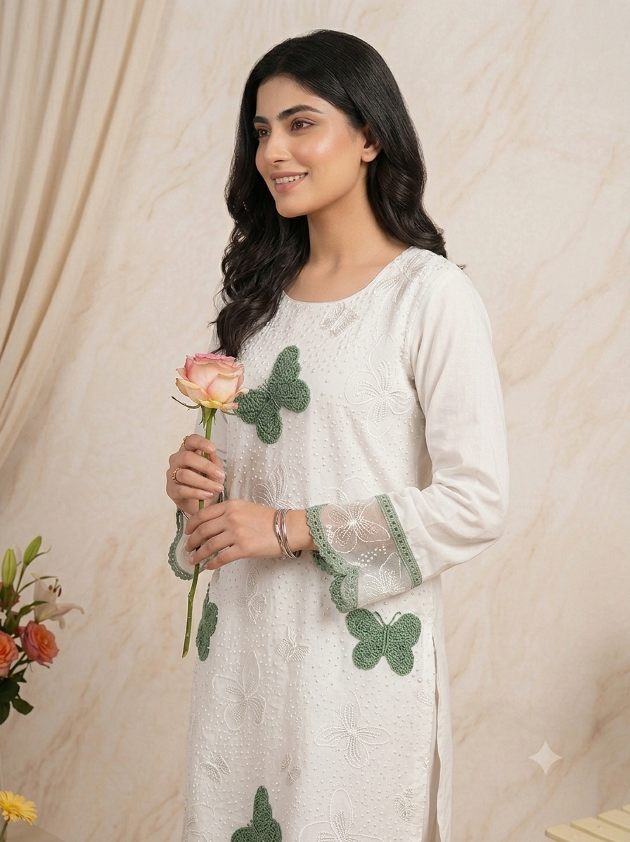 PC - 031 Embroidered Stitched Lawn Suit - Butterfly Elegance 2PC